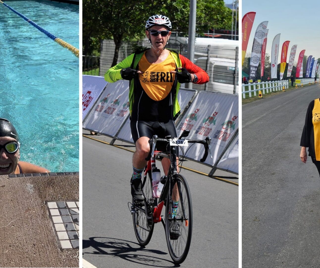 A montage of people taking on challenges for Born Free - swimming, cycling and running