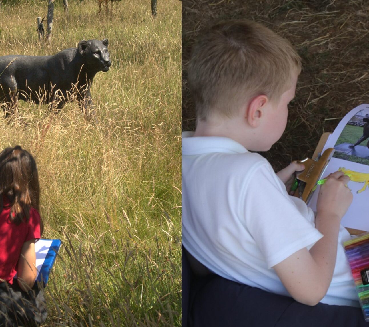 Two photos of children drawing pictures of Born Free's bronze lions