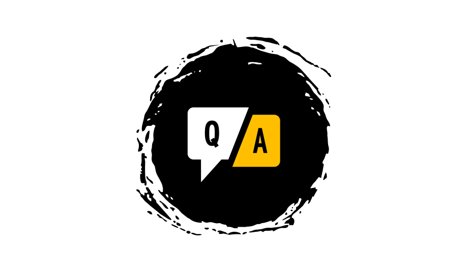 Black circle with the letters Q&A in white and yellow speech bubbles